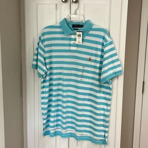 Men’s NWT Ralph Lauren polo.  Turquoise & white stripe with orange logo. Size XL